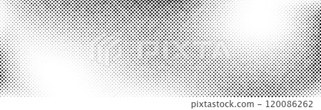Grunge halftone background. Faded grit noise gradient texture. White and black sand wallpaper. Wide long retro pixelated backdrop. Anime or manga comic style overlay. Halftone gritty print. Vector 120086262