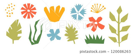 Cut out organic paper elements collection. Colorful abstract floral collage shape set. Kid cut plants, flowers, leaves bundle for decoration, poster, banner, print. Children illustration pack. Vector 120086263