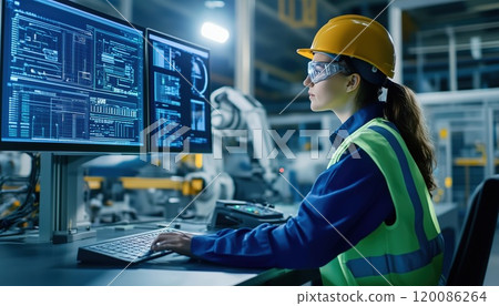 Female Industrial Engineer Operating Automation Robot Arms In An Intelligent Factory With Real-Time Monitoring Software For Digital Future Manufacturing. 120086264