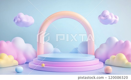 Pastel Color Background With Clouds And Weather On A 3d Product Podium, Featuring Empty Space For Kids Or Baby Products. Pastel Color Background With Clouds And Weather On A 3d Product Podium, Featuring Empty Space For Kids Or Baby Products. 120086320