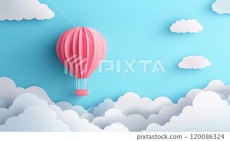 Paper-Cut Sky Landscape Banner With Hot Air Balloon And Realistic Clouds In Paper Craft Art For Kids' Promotion In Toy Store Or Childcare Product Discount. Paper-Cut Sky Landscape Banner With Hot Air Balloon And Realistic Clouds In Paper Craft Art For Kids' Promotion In Toy Store Or Childcare Product Discount. 120086324