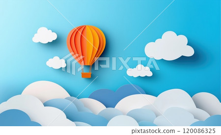 Realistic Paper Craft Sky Landscape Banner With Hot Air Balloon And Clouds, Perfect For Toy Store Discounts Or Child Care Products Promotion. 120086325