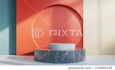 Modern Minimalist Mock Up For Podium Display Or Showcase Featuring An Abstract Geometric Shape Background. Ideal For Presentations And Showcasing Products. 120086326