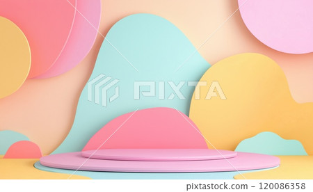 Geometric Pastel Background With Adorable Paper Cut Design: Perfect For Kids Or Product Display Podium 3d Render. 120086358