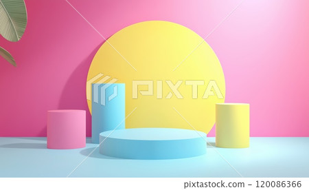 Abstract 3d Background With Realistic Cylinder Pedestal Podium In Blue, Yellow, And Pink. Minimal Scene Mockup Product For Promotion Display. Geometric Forms. 120086366