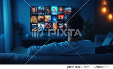 Relaxing At Home: Man Enjoying Evening Tv With Multimedia Streaming Concept From Vod Content Provider Shows And Series On Internet Streaming Video Service. 120086449