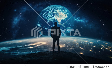 Silhouette Man Achieving Success And Leadership Against Planet Earth At Night: A Symbol Of Goals Achieved And Competition Surpassed Under The Starry Sky. 120086466