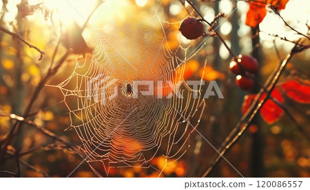 Detailed Close-Up Of Spider Weaving Web In A Sunny Forest On A Bright Autumn Day. Vivid Image Of Spider Web In Forest. 120086557