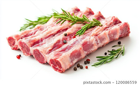 Fresh Pork Spare Ribs: Whole Raw Meat Ingredients From Butchery Market, Isolated On White Background. 120086559
