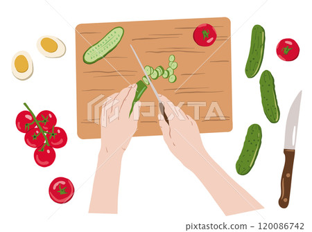 Chef hands slicing cucumbers, tomatoes and other vegetables. Cooking food, top view 120086742
