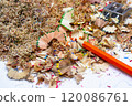 Colorful pencil shavings and sharpened tools scattered across a workspace filled with creative remnants in bright daylight 120086761