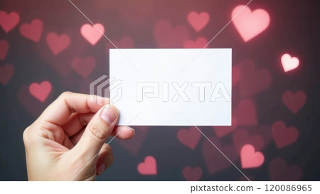 A hand holds a blank white card in front of a blurred background with red heart shapes. Concept of love and romance. Valentine's day background 120086965