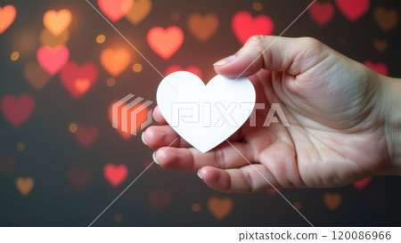 A hand holds a blank white heart shape in front of a blurred background of red hearts. Concept of love and romance. Valentine's day background A hand holds a blank white heart shape in front of a blurred background of red hearts. Concept of love and romance. Valentine's day background 120086966