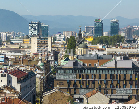 Aerial drone view of city of Sarajevo. Capital of Bosnia and Herzegovina. Buildings and streets, view from above. Aerial drone view of city of Sarajevo. Capital of Bosnia and Herzegovina. Buildings and streets, view from above. 120086970