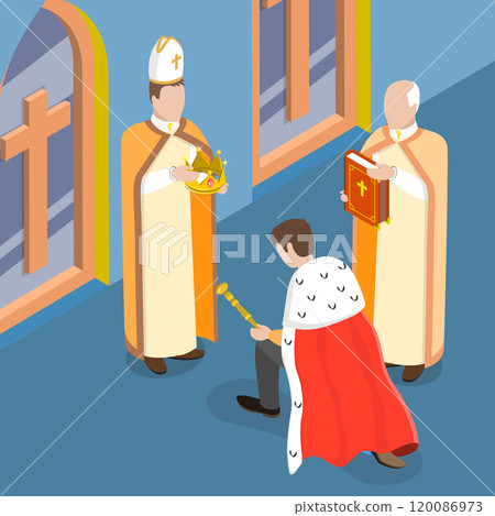 3D Isometric Flat Vector Illustration of Coronation Ceremony, Royal Character Kneeling At Ceremony, Crowned By Bishop 120086973