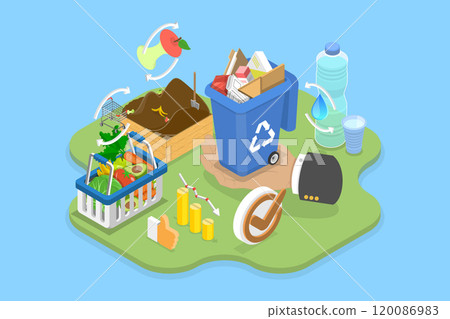 3D Isometric Flat Vector Illustration of Waste Minimization, Managing Organic Garbage And Reducing Waste Through Hands-On Approach 120086983