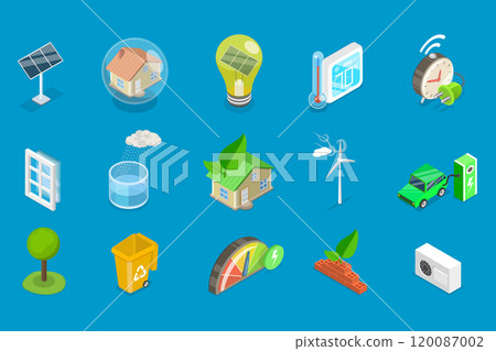 3D Isometric Flat Vector Illustration of House Energy Efficiency, Sustainable Home Improvements 3D Isometric Flat Vector Illustration of House Energy Efficiency, Sustainable Home Improvements 120087002