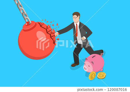 3D Isometric Flat Vector Illustration of Crisis Management, Business Executive Smashing Massive Wrecking Ball 120087016