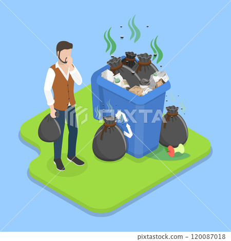 3D Isometric Flat Vector Illustration of Overflowing Trash Can, Big Smelly Pile of Garbage 120087018