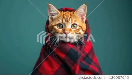 A cute ginger kitten in a red and black plaid blanket looks up with big, bright green eyes against a teal blue backdrop.	 A cute ginger kitten in a red and black plaid blanket looks up with big, bright green eyes against a teal blue backdrop.	 120087043