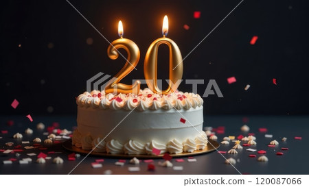 A white birthday cake with lit gold candles that reads 20, surrounded by confetti. Concept of a 20th birthday celebration. 120087066