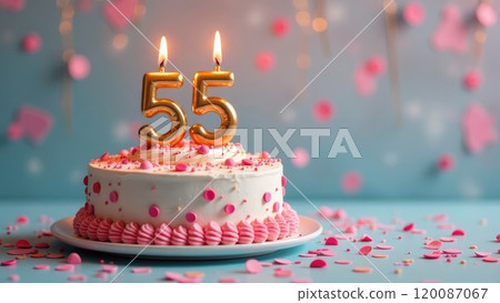 A white birthday cake with lit golden candles that reads 55, decorated with pink frosting and sprinkles, surrounded by confetti. Concept of a 55th birthday celebration. 120087067