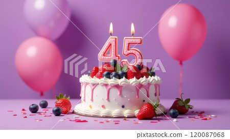 A birthday cake with lit candles spelling 45, topped with strawberries and blueberries, with balloons and confetti in the background. Concept of a 45th birthday. 120087068
