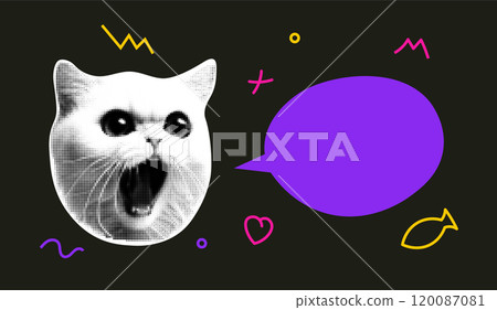 Pop art cat halftone illustration speech bubble. Angry cat face halftone pattern animal design retro Pop art cat halftone illustration speech bubble. Angry cat face halftone pattern animal design retro 120087081