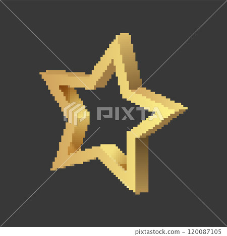 Pixelated golden star icon with a 3D design. Retro pixel art of a hollow star on a dark background. Pixelated golden star icon with a 3D design. Retro pixel art of a hollow star on a dark background. 120087105