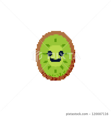 Pixelated kiwi fruit icon with a smiling face. Retro pixel art of a cheerful kiwi slice with a 120087116