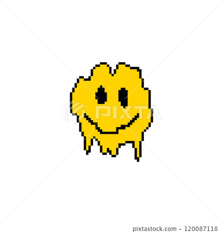 Pixel art melting smiley face. Dripping yellow smiley in retro pixelated style. 120087118