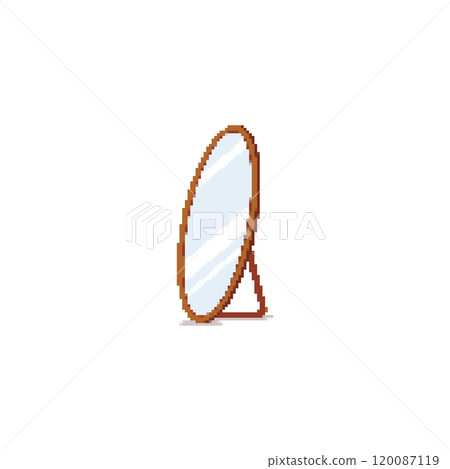 Pixel art oval mirror with wooden frame. Minimalistic mirror design in retro pixelated style. 120087119
