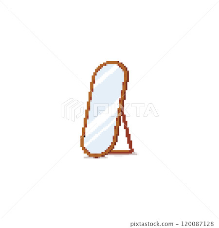 Pixel art oval mirror with wooden frame. Minimalistic mirror design in retro pixelated style. 120087128