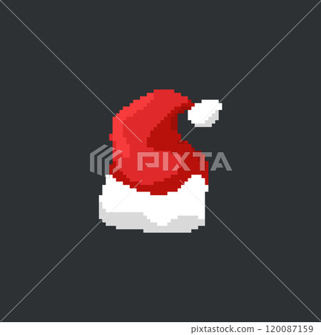 Pixelated Santa hat illustration. Simple pixel art of a red Santa hat with white trim on a dark Pixelated Santa hat illustration. Simple pixel art of a red Santa hat with white trim on a dark 120087159
