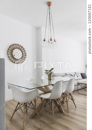 A Beautiful living room interior in new luxury home with open concept floor plan 120087181