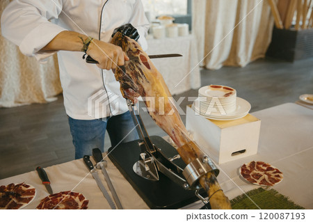 close up view of a professional ham cutter cutting ham and preparing portions 120087193