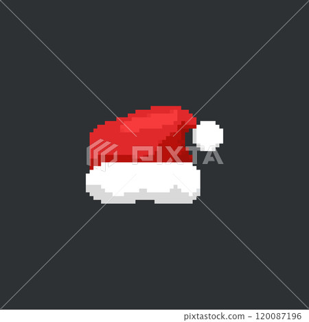 Pixelated Santa hat illustration. Simple pixel art of a red Santa hat with white trim on a dark 120087196