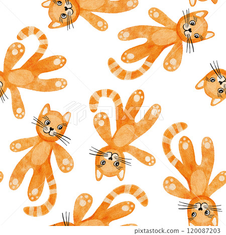 Hand drawn seamless pattern with red orange ginger cats in watercolor on white background. Funny kitten animal pet for kids children nursery design, cute adorable cartoon style for apprarel wallpaper Hand drawn seamless pattern with red orange ginger cats in watercolor on white background. Funny kitten animal pet for kids children nursery design, cute adorable cartoon style for apprarel wallpaper 120087203