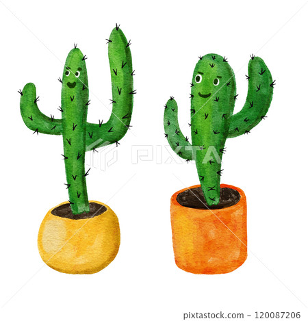 Hand drawn illustration of green desert cactus with funny eyes in pot. Nature plant botanical art, cacti natural tree, western style succulent, mexican flower cartoon minimalist clipart, character Hand drawn illustration of green desert cactus with funny eyes in pot. Nature plant botanical art, cacti natural tree, western style succulent, mexican flower cartoon minimalist clipart, character 120087206