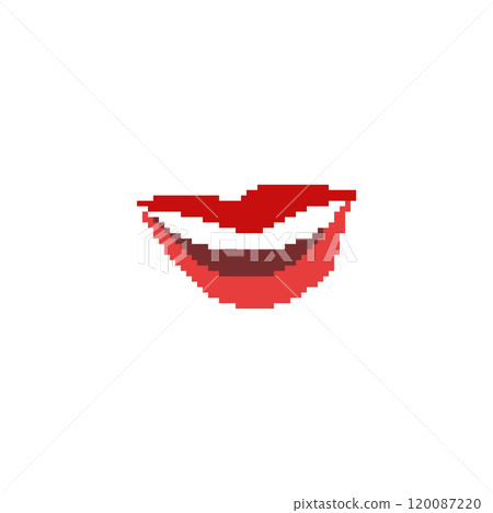 Pixelated red lips illustration. Simple pixel art red lips with open mouth showing teeth. 120087220