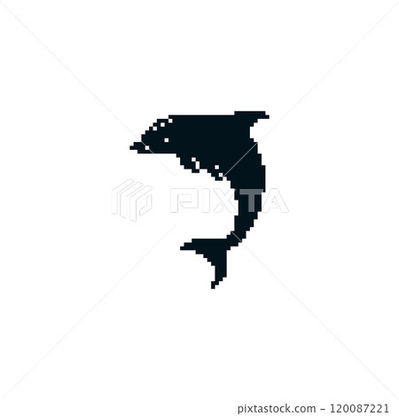 Pixel art black dolphin silhouette. Minimalistic dolphin icon in pixelated retro style. 120087221