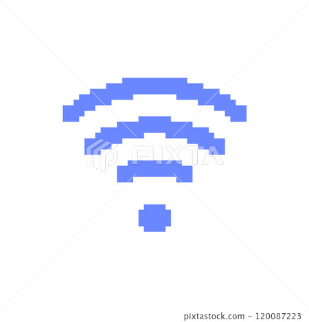Pixelated Wi-Fi signal icon in blue. Retro pixel art of a wireless internet symbol with a simple 120087223