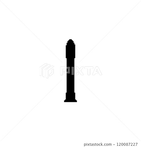 Pixel art black rocket silhouette. Minimalistic rocket icon in retro pixelated style. 120087227