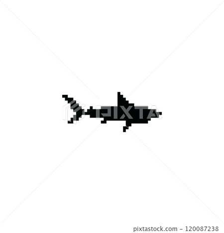 Pixel art black shark silhouette. Minimalistic shark icon in pixelated retro style. Pixel art black shark silhouette. Minimalistic shark icon in pixelated retro style. 120087238