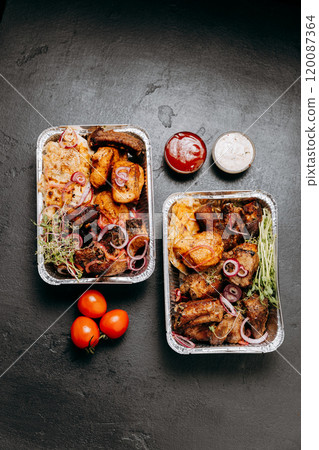 Delicious barbecue assortment in foil trays with tomatoes, sauces, ideal for catering and delivery 120087364