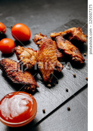 Juicy grilled chicken wings served with fresh tomatoes and spices, perfect for a delicious meal 120087375
