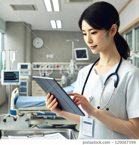 I used a generator to create a scene of a female doctor reviewing medical records. 120087399