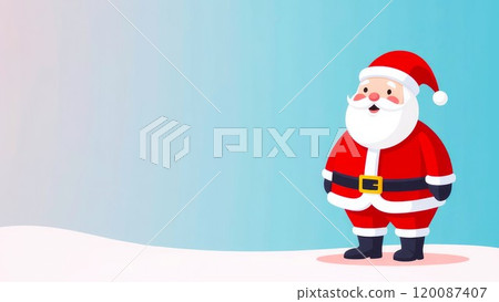 Santa Claus standing on the right, blue background. Christmas Winter Banner, Copy Space for text. Holiday minimalist Card, cartoon style 120087407