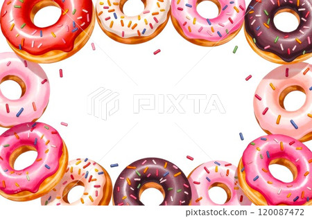 Frame made of Assorted Donuts with copy space, white background. Border of Delicious Colorful Donuts. Horizontal Banner, Top view Frame made of Assorted Donuts with copy space, white background. Border of Delicious Colorful Donuts. Horizontal Banner, Top view 120087472
