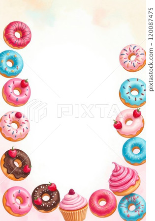 Frame made of Assorted Donuts with copy space, white background. Border of Delicious Colorful Donuts and Cakes. Vertical Banner 120087475